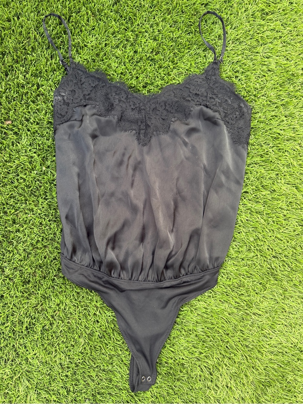 Abercrombie & Fitch Black Lace-Trim Satin Bodysuit